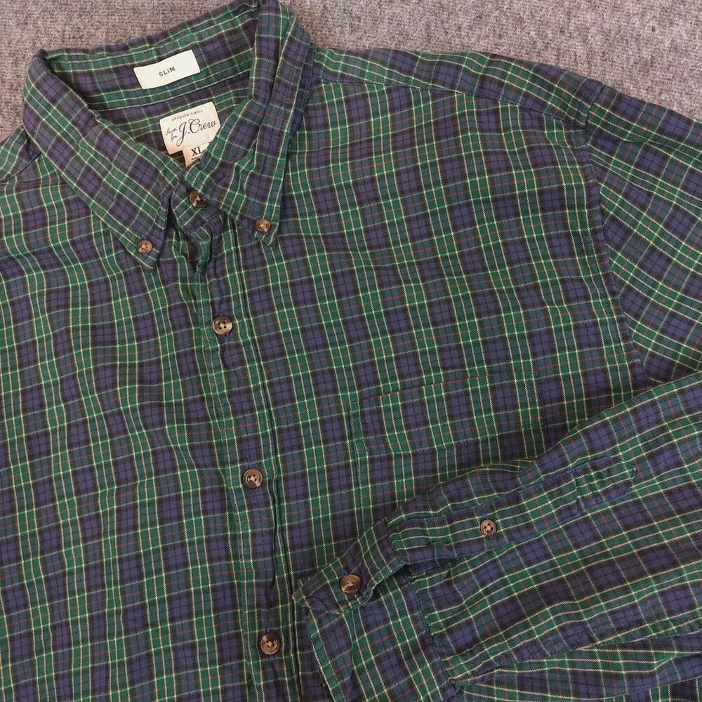 J.Crew Slim Brushed Twill Button Down Shirt Mens Xl Green Blue Tartan Plaid